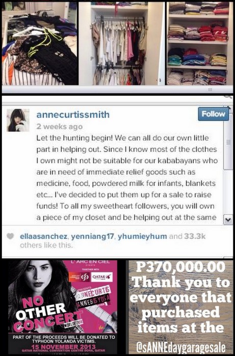 Philippine actress Anne Curtis held a garage sale that raised PhP370k and donated her talent fee for her Doha concert all for the benefit of Typhoon Haiyan victims.  (Images from Anne Curtis' Instagram)