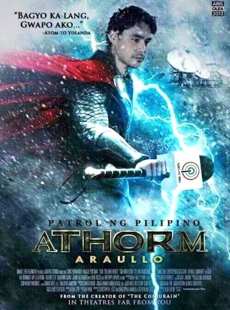 Atom Araullo's daring coverage of Haiyan's gnashings trended on Twitter worldwide and led to the spread of hilarious memes such as this [Translation of the tagline: “You’re just a typhoon. I’m handsome.” Atom to Yolanda.] (Image retrieved from michaeldsellers.com)
